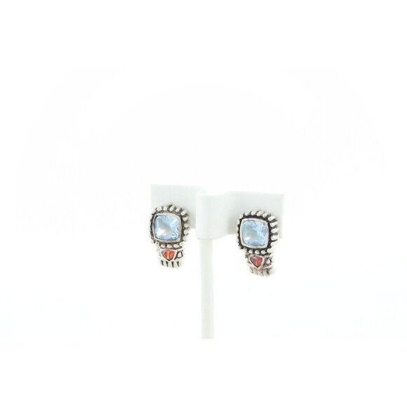 Sterling Silver Blue Glass with Red CZ J Hoop Earrings - Picture 6 of 8